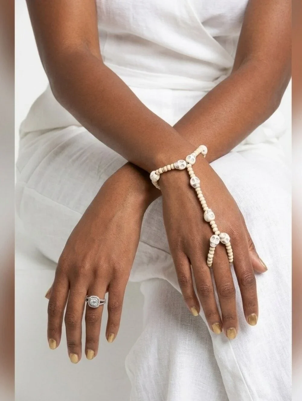 Ivory Skull Hand Bracelet Boho Chic Goth Statement Jewelry